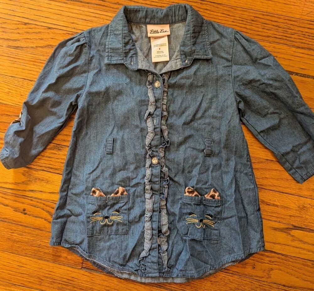 Little Lass Denim Jean Shirt Girls 6 Kitten Cat Adjustable Sleeves